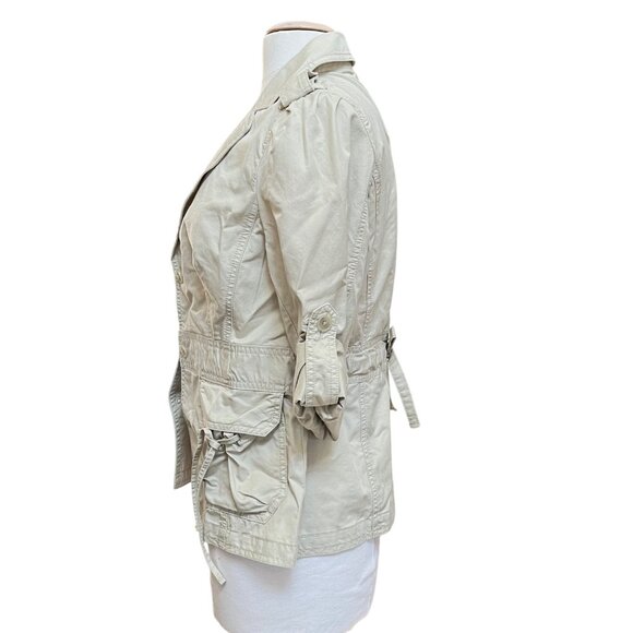 Ann Taylor Safari Style Jacket Khaki‎ Roll Up Sleeves Cargo Pockets Medium  NWT - Picture 3 of 12